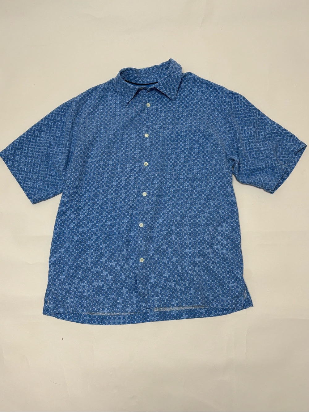 Toscano 100% Silk Medium Blue Geometric Short Sleeve Button Down Shirt Mens